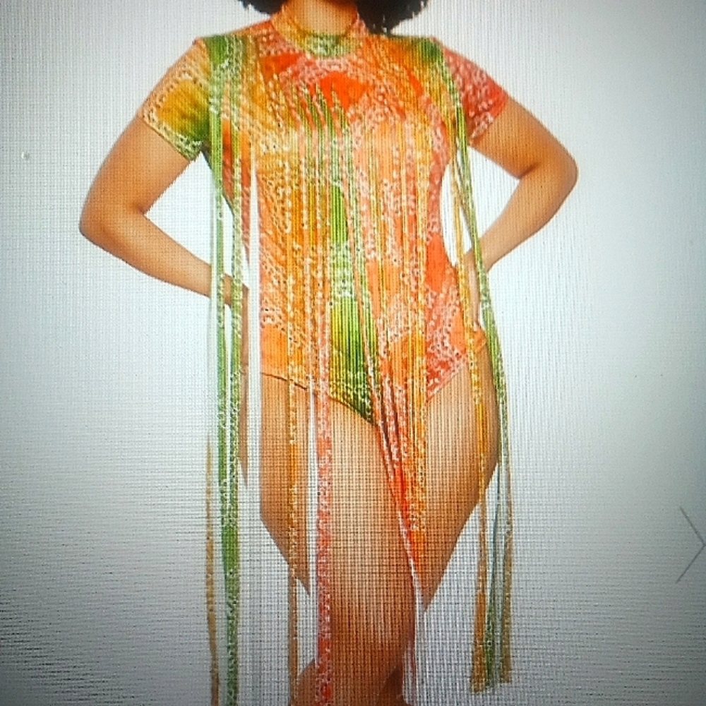 💛💚🧡 Price Drop ⬇️ Multicolored bandana bodysuit with fringe. $60 each.